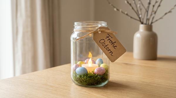 Dekoriertes Glas mit Teelicht, Moos und kleinen Schokoeiern, außen mit Juteband und Etikett verziert.