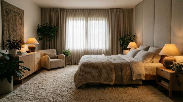 Weiter Schlafzimmer-Blick mit Teppich, Vorhängen und kuscheliger Decke, die den Raum weicher wirken lassen.