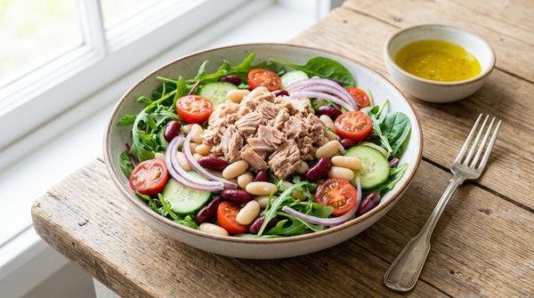 Schüssel mit Bohnen, Thunfisch, Tomaten, Gurke und Zwiebel, daneben Dressing und Gabel.