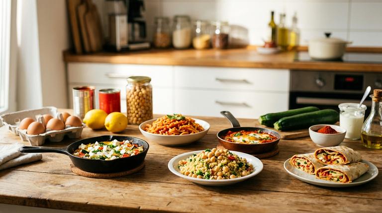Mehrere schnelle, gesunde Gerichte auf einem Küchentisch mit einfachen Zutaten wie Eiern, Zitrone und Gemüse.