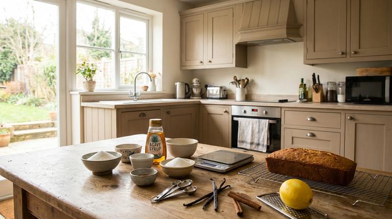Zutaten und Tools für zuckerarmes Backen auf einem Küchentisch, daneben ein frisch gebackener Kuchen auf einem Gitter