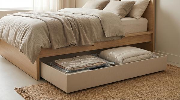 Komprimierte Vakuumbeutel mit Kleidung und Bettdecke flach in einer Box unter dem Bett verstaut.