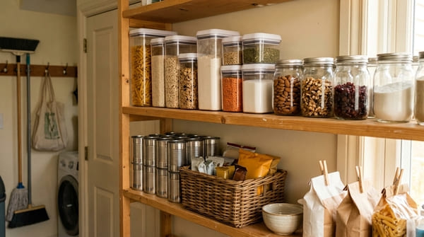 Vorratsregal mit transparenten Boxen, Körben und Gläsern für Reis, Nudeln, Snacks und Backzutaten