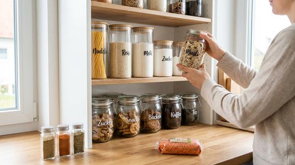 Ordentlicher Vorratsschrank mit beschrifteten Behältern und aussortierten doppelten Produkten.