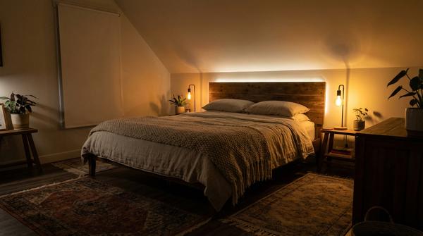 Weiter Schlafzimmer-Blick mit zwei Nachttischlampen, warmweißem Licht und sanfter indirekter Beleuchtung.