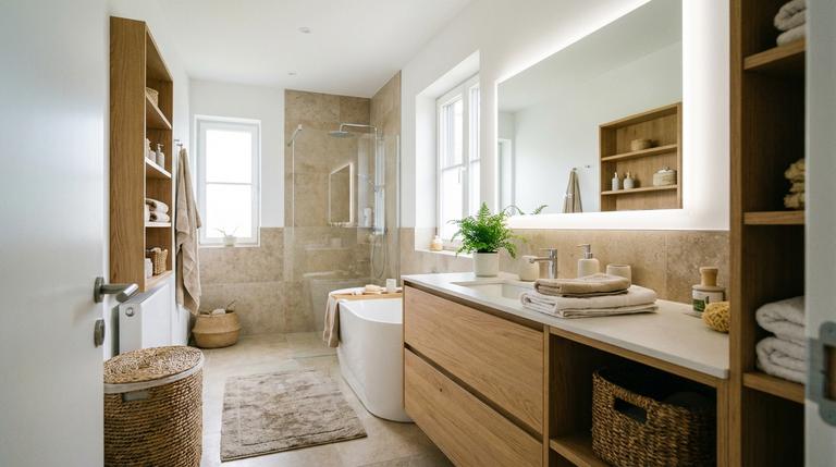 Weitwinkelansicht eines hellen, ruhigen Badezimmers mit großem beleuchtetem Spiegel, warmen Textilien und Holzdetails.
