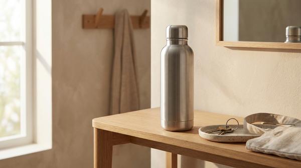 Du siehst eine wiederverwendbare Trinkflasche neben Schlüssel und Geldbeutel, bereit zum Mitnehmen.