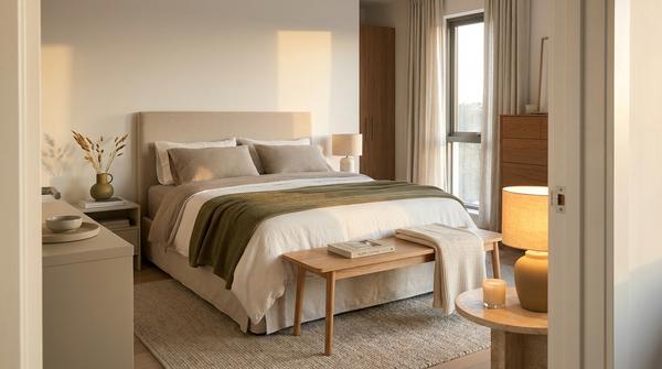 Großer Schlafzimmer-Ausschnitt mit kleiner Wohlfühl-Ecke aus Bank, Decke und warmer Lampe als ruhigem Rückzugsplatz.