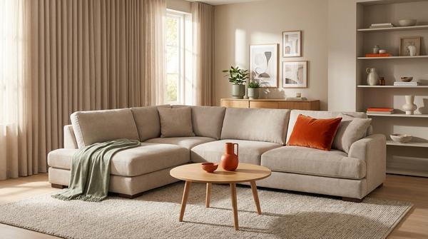 Sofaecke mit neutralen Kissen und einer Akzentfarbe, die in mehreren kleinen Accessoires wiederholt wird.