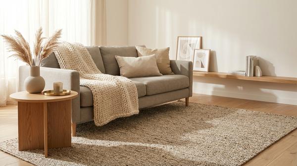 Detailaufnahme mit Strickdecke, Leinenkissen, Keramikvase auf Holztisch und kleinem Metallakzent.