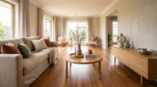 Wohnzimmer mit klaren Deko-Zonen: Sofa, Couchtisch und Sideboard sind stimmig aufeinander abgestimmt.