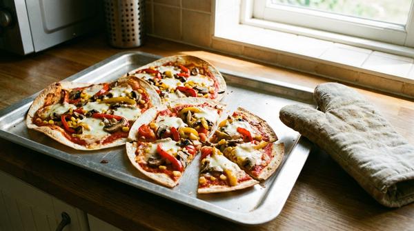 Tortilla-Pizza auf einem Backblech mit Tomatensauce, Käse und Gemüse, teilweise in Stücke geschnitten.