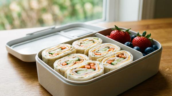 Wrap-Röllchen in Scheiben geschnitten mit mildem Belag und Gemüse in einer Brotdose.