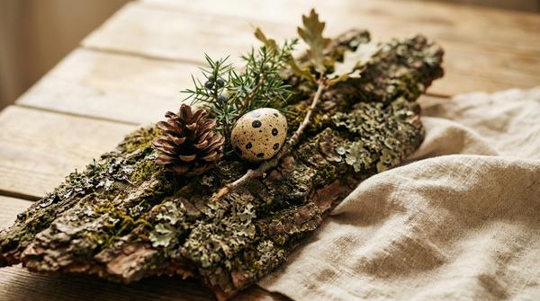 Platzdeko aus Rindenstück mit Zapfen, Ei und kleinem Zweig auf einem gedeckten Tisch
