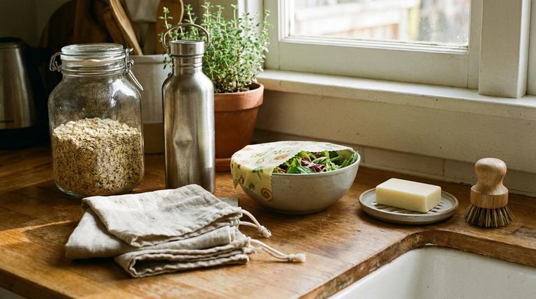 Du siehst eine gemütliche Küchenarbeitsplatte mit Zero-Waste-Basics wie Bienenwachstuch, Stoffbeuteln, fester Spülseife und Trinkflasche.