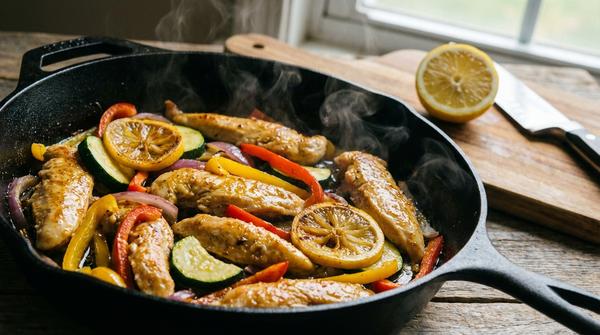 Hähnchenstreifen mit Paprika, Zucchini und Zitronenscheiben in einer Pfanne.