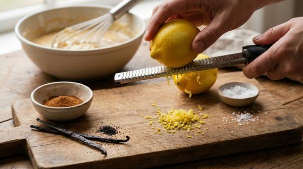 Zitronenabrieb, Vanille und Zimt auf einem Brett neben Backutensilien für zuckerarmes Gebäck.