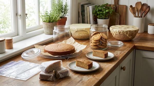 Vollständig ausgekühlter Kuchen auf einem Gitter, daneben luftdichte Dose mit trockenem Gebäck, ruhender Teig in einer Schüssel und portionsweise verpackte Stücke zum Einfrieren.