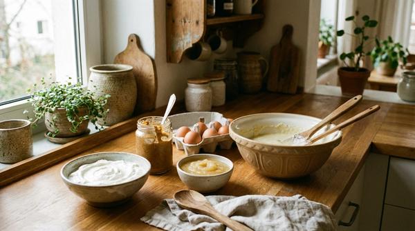 Joghurt oder Quark, Nussmus und Apfelmus stehen neben einer Schüssel mit Teig als Zutaten für saftiges zuckerarmes Backen.