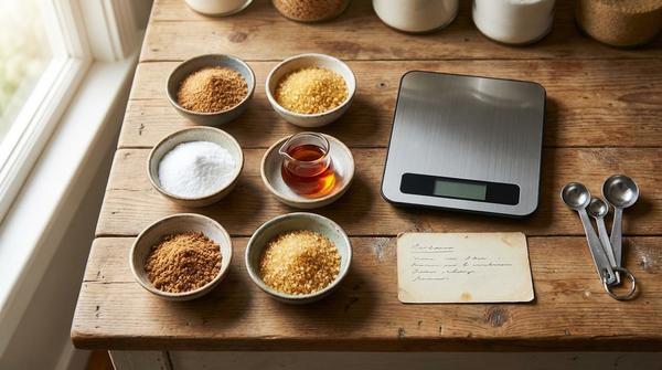 Verschiedene Zuckeralternativen in Schälchen neben Waage und Messlöffeln auf einer Küchenarbeitsfläche.
