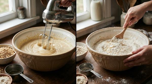 Teig wird in einer Schüssel cremig gerührt und Mehl anschließend vorsichtig untergehoben, um eine gute Struktur zu bekommen.