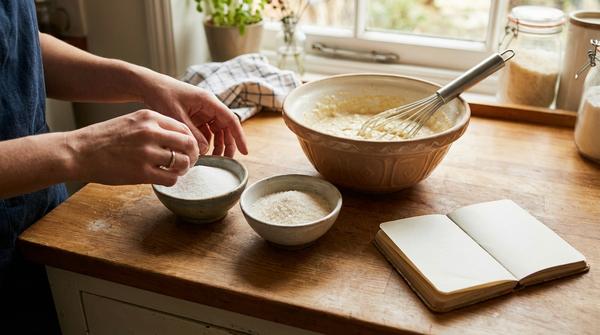 Hände in der Küche vergleichen Zucker und eine Zuckeralternative neben einer Schüssel mit Teig.