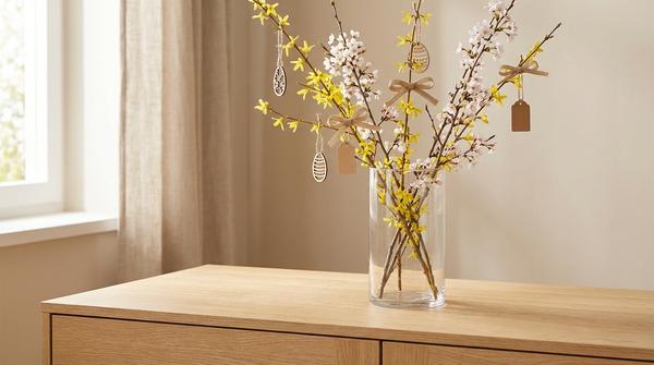 Glasvase mit Forsythien- oder Kirschzweigen und natürlichen Anhängern aus Holz und Juteschnur