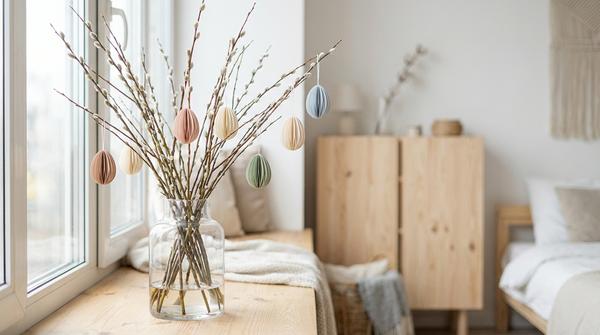 Vase mit Zweigen, an denen leichte Papier-Eier in sanften Farben hängen.