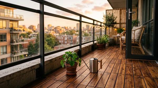 Detailaufnahme von warmen Akazienholz-Klickfliesen auf einem Balkon mit einer grünen Topfpflanze.