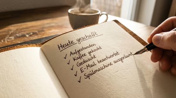 Nahaufnahme eines schönen Notizbuchs mit einer handschriftlichen deutschen Liste namens 'Heute geschafft', auf der Punkte wie 'Aufgestanden' und 'E-Mail beantwortet' abgehakt sind.