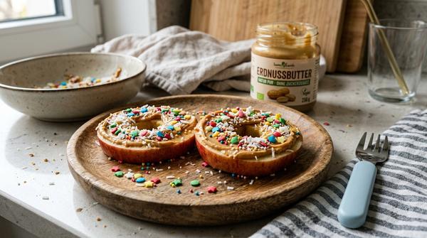 Zwei bunte Apfel-Donuts mit Erdnussmus und zuckerfreien Streuseln auf einem Holz-Kinderteller.