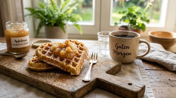 Zwei goldbraune Herz-Waffeln mit Apfel und Zimt auf einem Holzbrett, gesüßt mit Apfelmark.