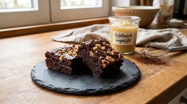 Zwei saftige, dunkle Schoko-Brownies gesüßt mit Apfelmark auf einer Schieferplatte, bestreut mit Walnüssen.