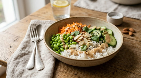 Asia-Bowl mit Reis, Edamame, Karotte und cremigem Mandel-Dressing