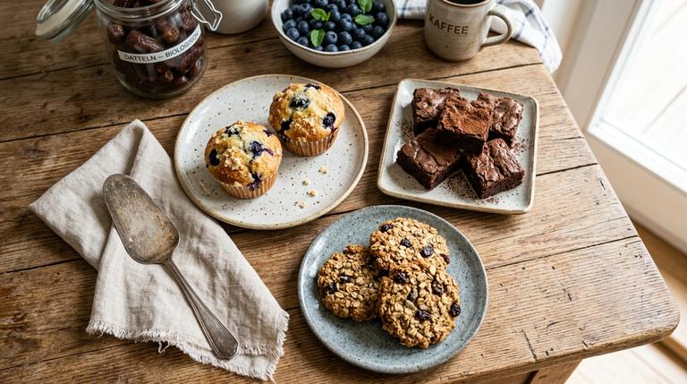 Eine Auswahl an gesunden Backideen ohne Industriezucker: Blaubeer-Muffins, Brownies und Dattel-Hafer-Cookies auf einem rustikalen Holztisch.