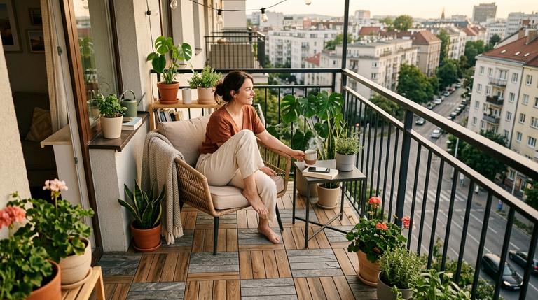 Ein gemütlicher Balkon einer Mietswohnung mit neu verlegten Klickfliesen in Holzoptik und modernen Balkonmöbeln.
