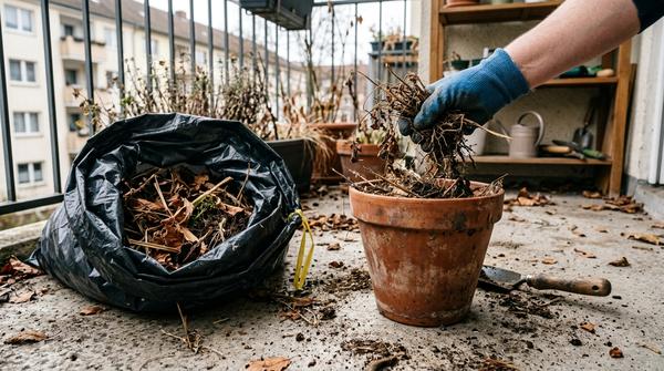 Nahaufnahme einer Hand, die alte Pflanzenreste aus einem Tontopf auf einem schmutzigen Balkon entfernt.