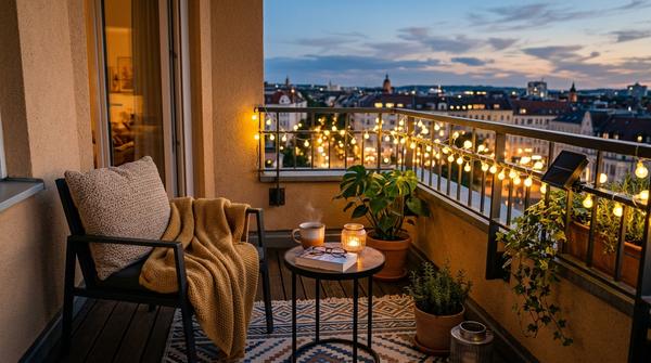 Ein gemütlicher Balkon am Abend mit Outdoor-Teppich, Kissen, einer Solar-Lichterkette und einer Tasse Tee.