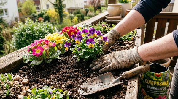 Hände in Gartenhandschuhen setzen bunte Hornveilchen in einen Balkonkasten voller frischer Erde.