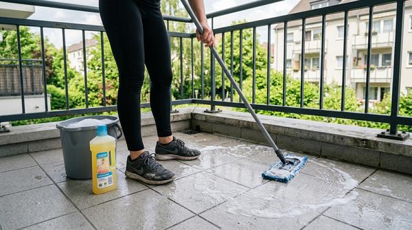 Eine Person wischt den Fliesenboden eines normalen Balkons mit einem Mop und Seifenwasser.