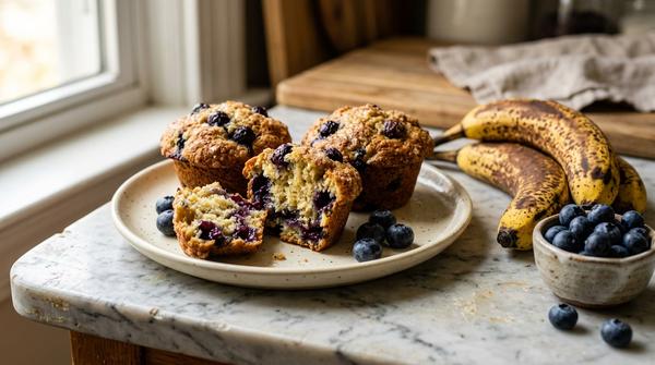 Drei saftige Bananen-Blaubeer-Muffins ohne Zucker auf einem Keramikteller, daneben reife Bananen und frische Blaubeeren.