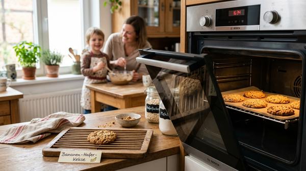 Ein Backblech mit frisch gebackenen Bananen-Hafer-Keksen aus nur 2 Zutaten in einer realistischen Küche.