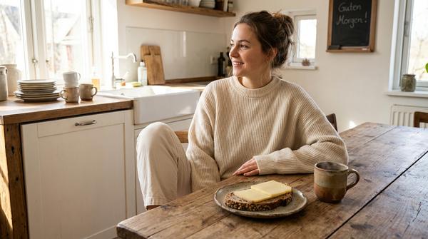 Eine Frau in gemütlicher Kleidung sitzt am Esstisch mit einem offenen Käsebrot und Tee, während im Hintergrund ein paar ungespülte Tassen zu sehen sind – Beispiel für das Bare Minimum Prinzip im Alltag.