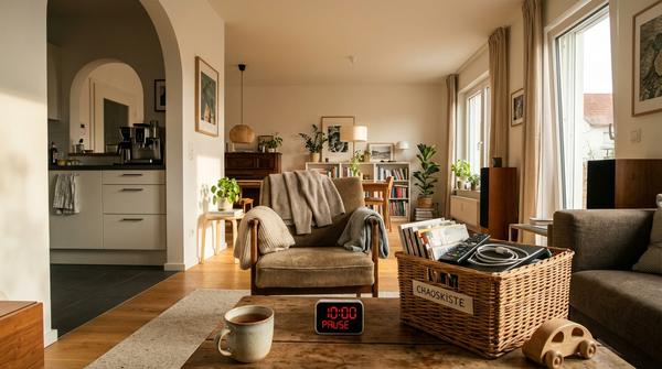 Blick auf ein gemütliches Wohnzimmer mit einer 'Doom Box', einem 'Klamottenstuhl' und einem Kompromiss zwischen sauberer Küche und entspannter Unordnung, visualisiert die Chaos-Erlaubnis.