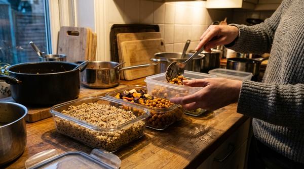 Hände füllen schnell und unkompliziert Quinoa und Ofengemüse aus großen Vorratsdosen in eine Meal-Prep-Box für den nächsten Tag.