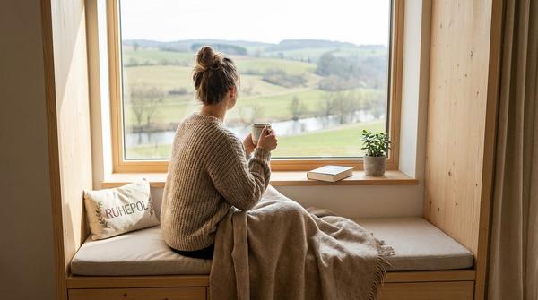 Eine Person sitzt entspannt mit einer Tasse am Fenster und schaut ohne Ablenkung nach draußen.