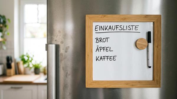 Eine handgeschriebene, deutsche Einkaufsliste auf einem kleinen magnetischen Whiteboard am Kühlschrank.