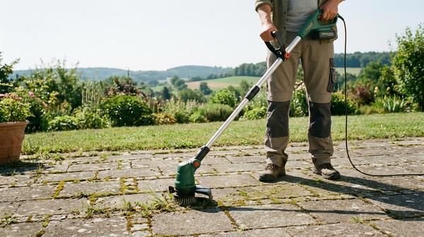 Person entfernt rückenschonend Unkraut auf der Terrasse mit einer elektrischen Fugenbürste.