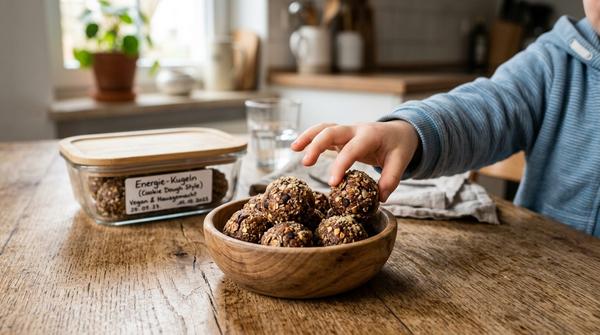 Eine kleine Holzschale gefüllt mit gesunden Energie-Kugeln im "Cookie Dough Style" für Kinder.