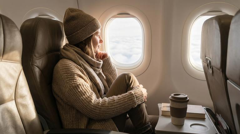 Eine junge Frau sitzt entspannt am Fenster im Flugzeug und genießt den Start in den Urlaub.